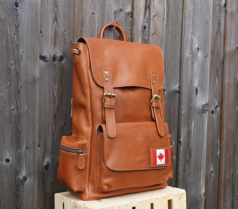 Canada - Flag Patch Tolredo Leather Travel Backpack - Caramel Brown