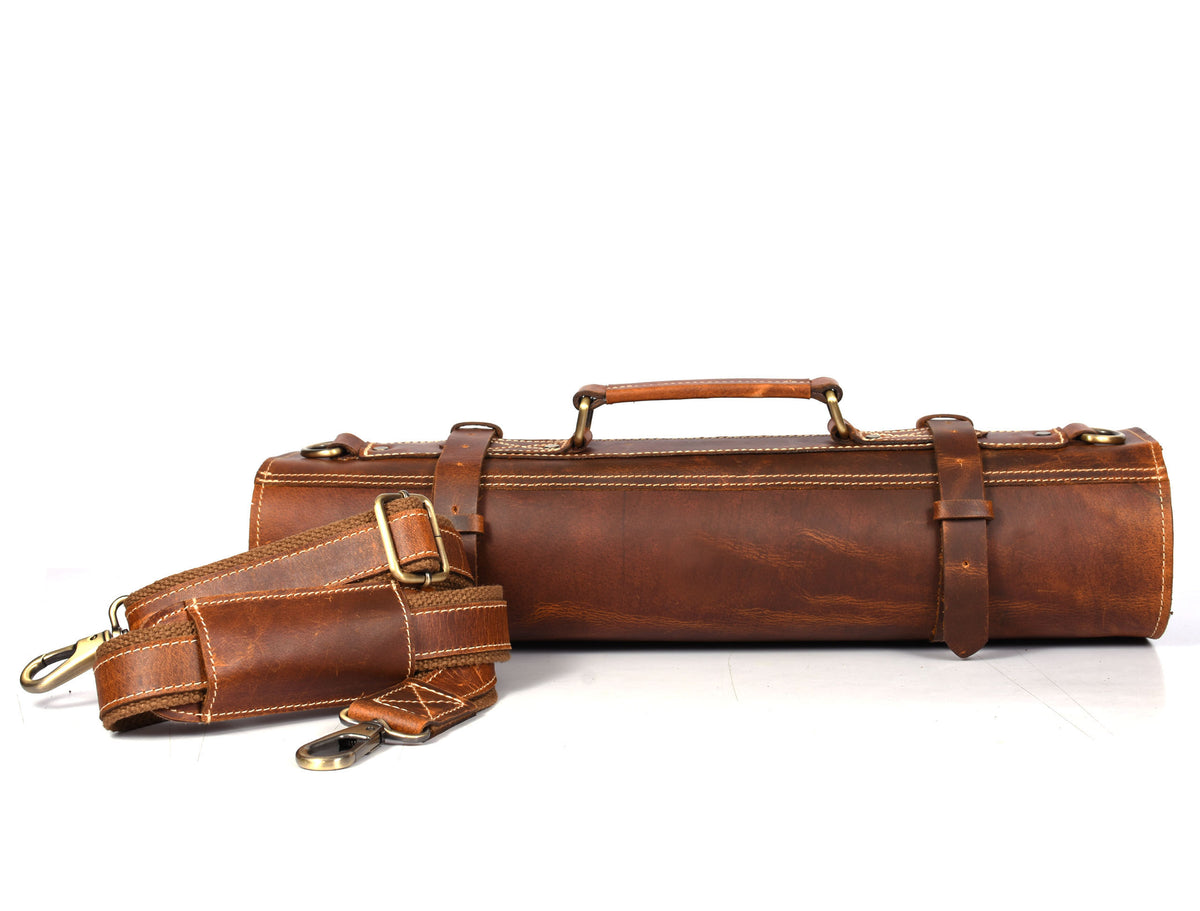 Aurora Leather Knife Roll 10 Slot - Stress Brown