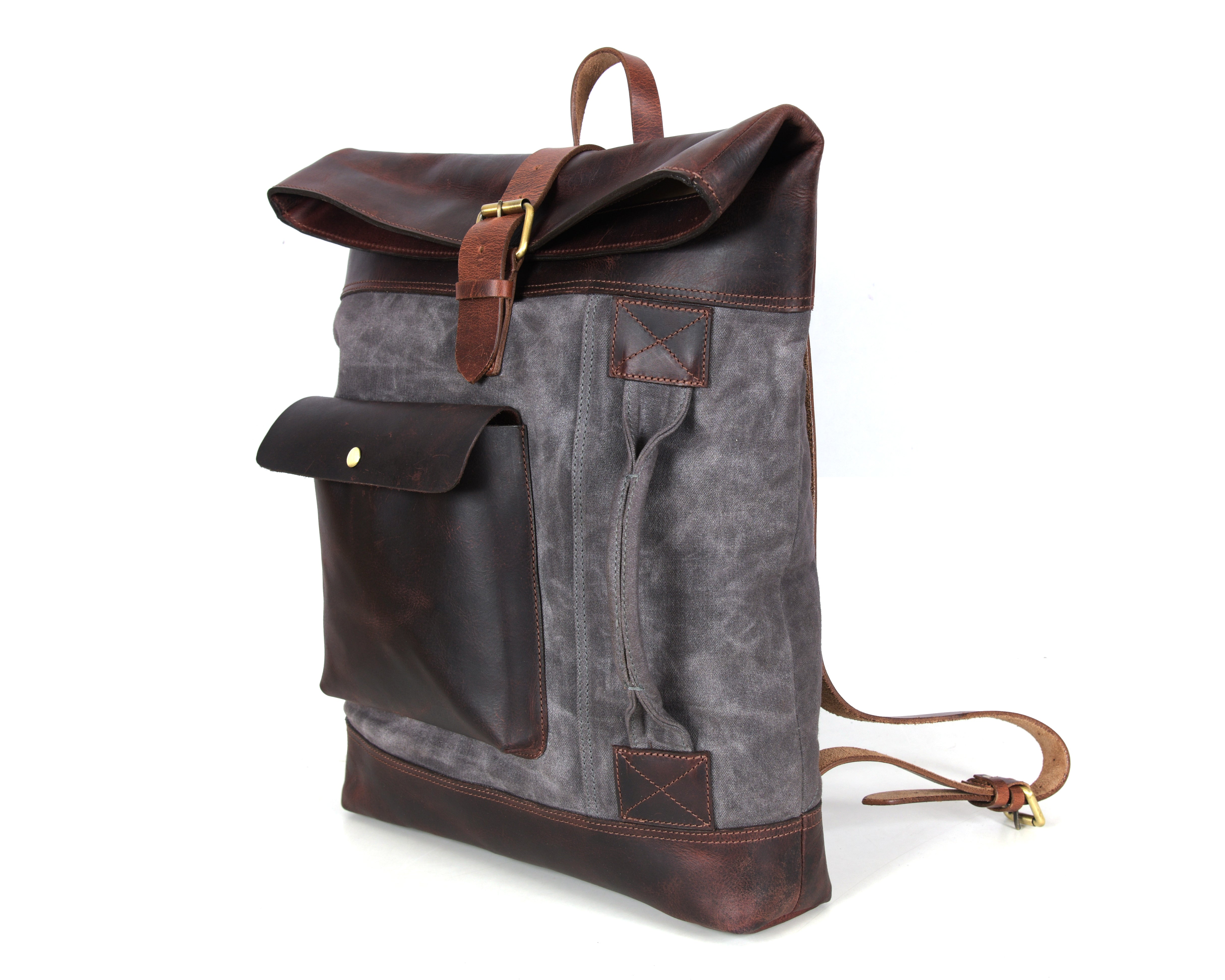 Trenton Leather Canvas Travel Backpack - Anchor Grey