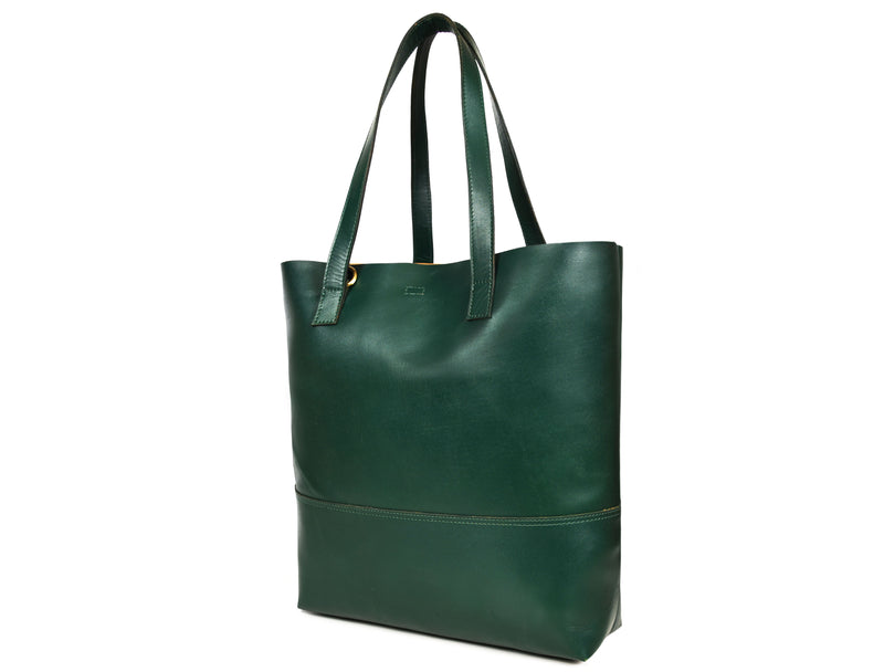 Leather Tall Tote Handbag - Emerald Green