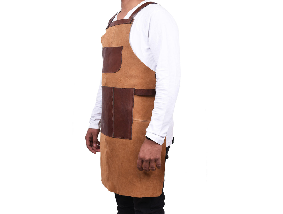 Genuine Leather Suede Apron -  Saddle Brown
