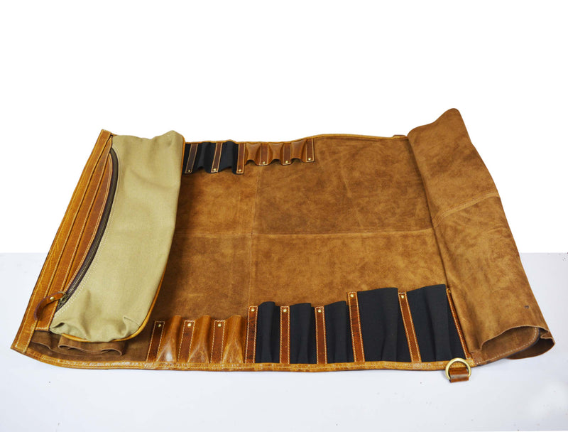 Oklahoma Leather Chef Knife Roll 16 Slot - Chestnut