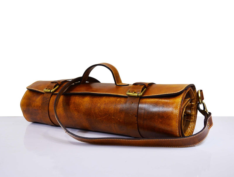 Oklahoma Leather Chef Knife Roll 16 Slot - Chestnut