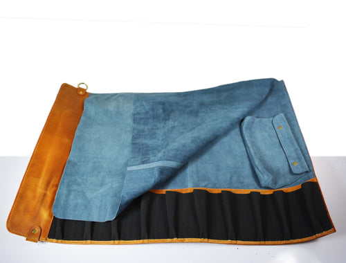 Leather Chef Knife Roll With Blue Suede Pouch 10 Slot - Tawny Brown