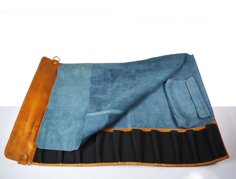 Leather Chef Knife Roll With Blue Suede Pouch 10 Slot - Tawny Brown