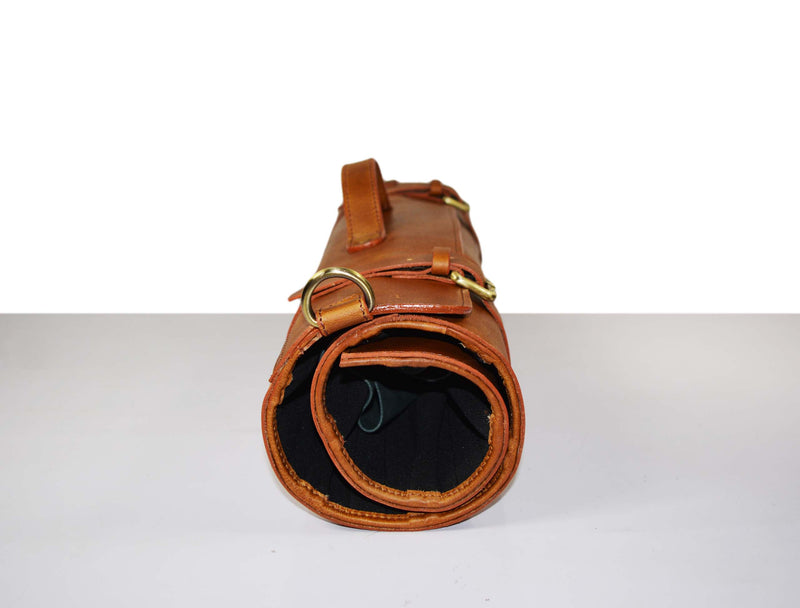 Leather Chef Knife Roll With Blue Suede Pouch 10 Slot - Tawny Brown