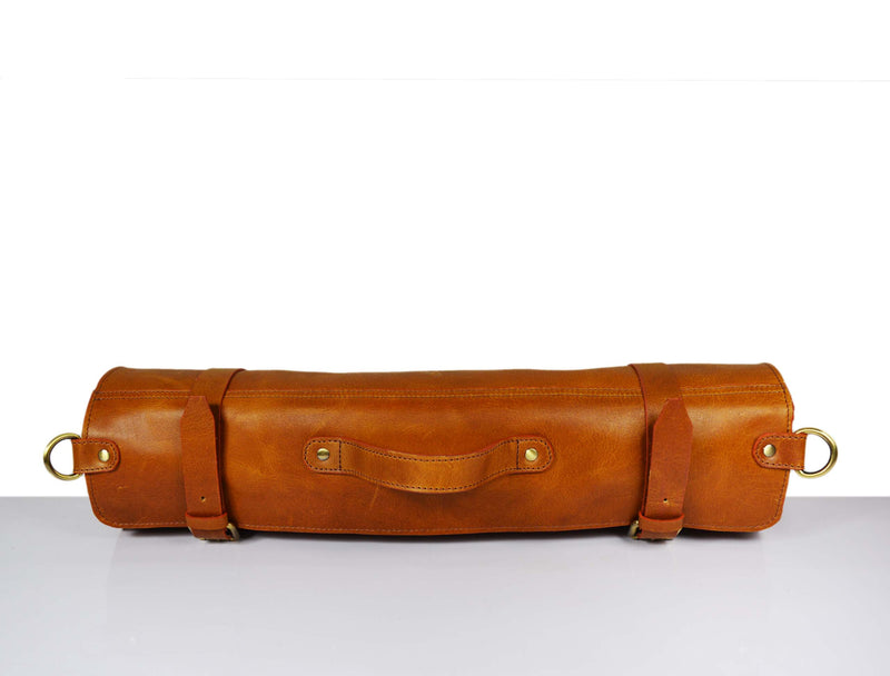 Leather Chef Knife Roll With Blue Suede Pouch 10 Slot - Tawny Brown