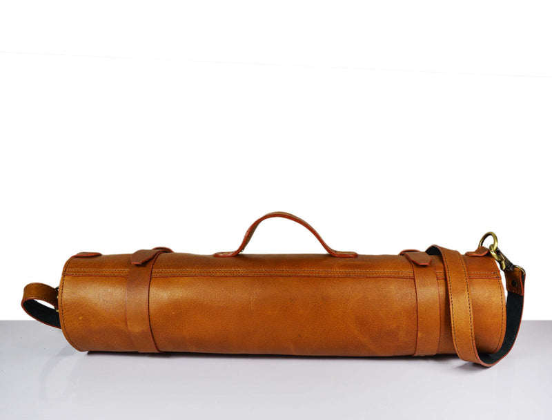 Leather Chef Knife Roll With Blue Suede Pouch 10 Slot - Tawny Brown
