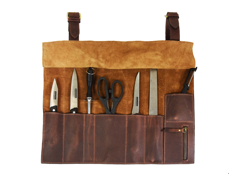 Amarillo Leather Chef Knife Roll 7 Slot -  Cinnamon Brown