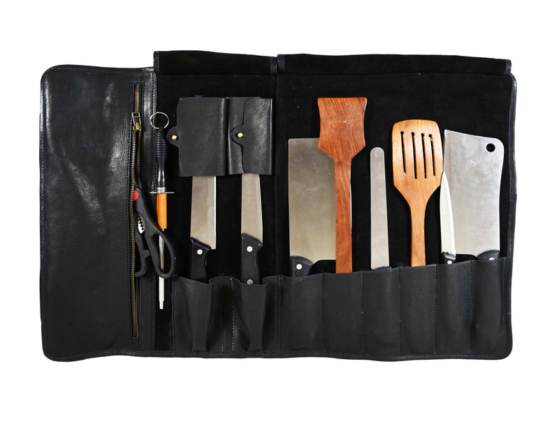 Peoria Leather Knife Roll 8 Slot - Raven Black