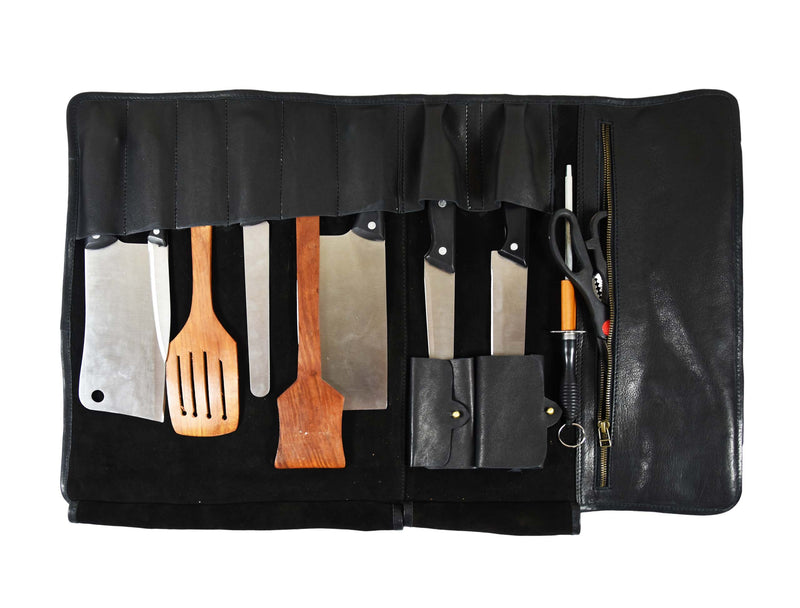 Peoria Leather Knife Roll 8 Slot - Raven Black