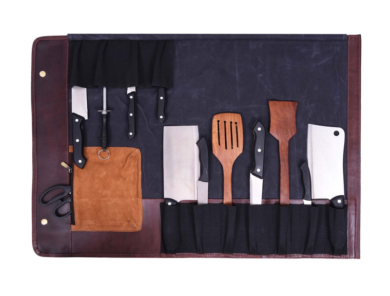 Wisconsin Leather Canvas Chef Knife Roll With Case 11 Slot -  Gray