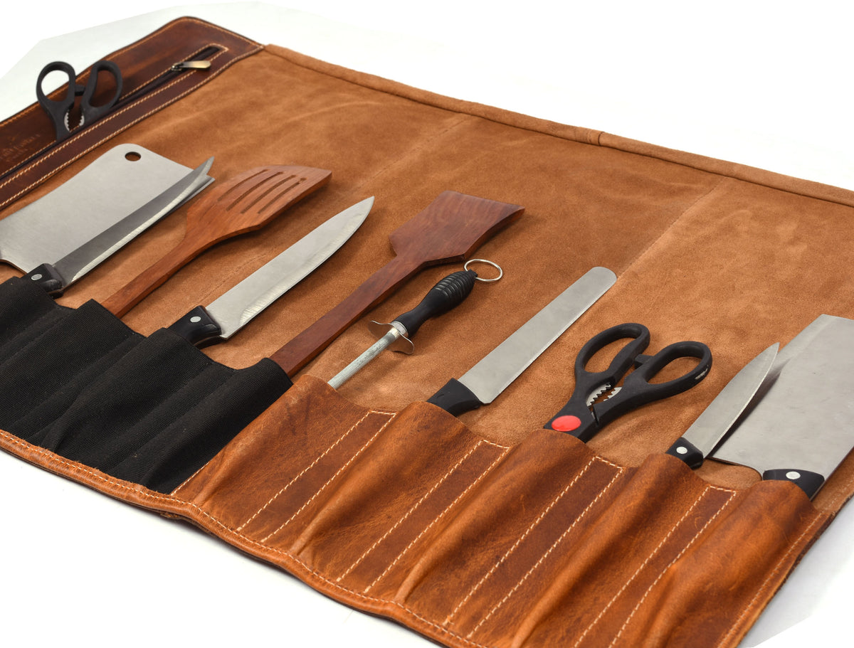 Aurora Leather Knife Roll 10 Slot - Stress Brown