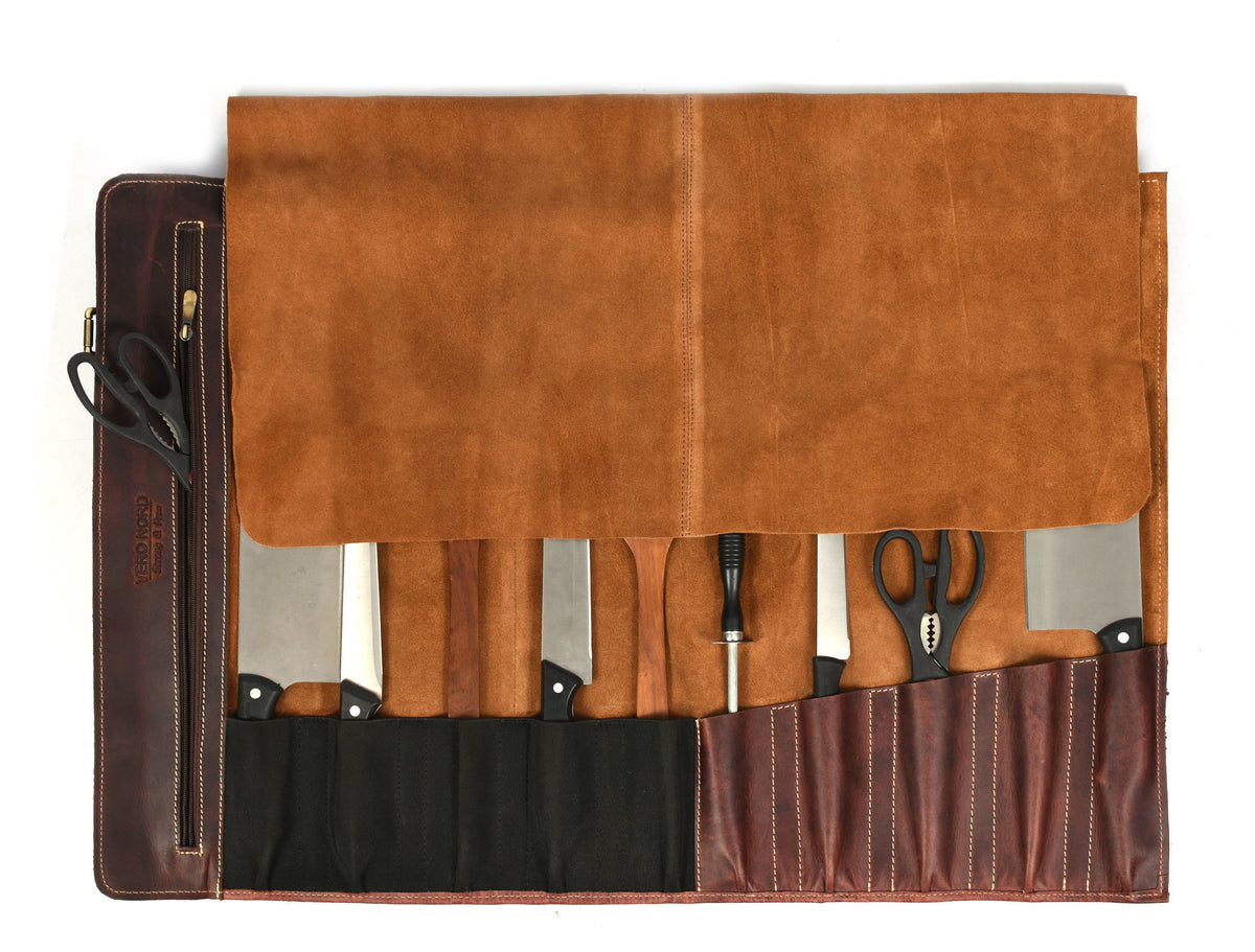 Aurora Leather Knife Roll 10 Slot - Stress Brown