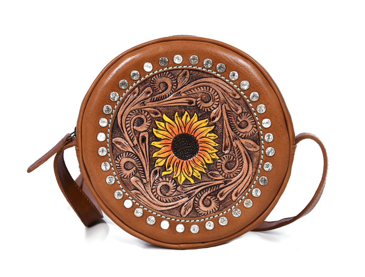 Leather Crossbody Purse with Gypsy stones | Round Leather Crossbody bag