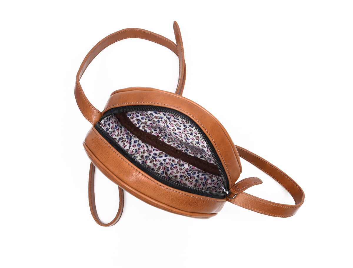 Leather Crossbody Purse with Gypsy stones | Round Leather Crossbody bag