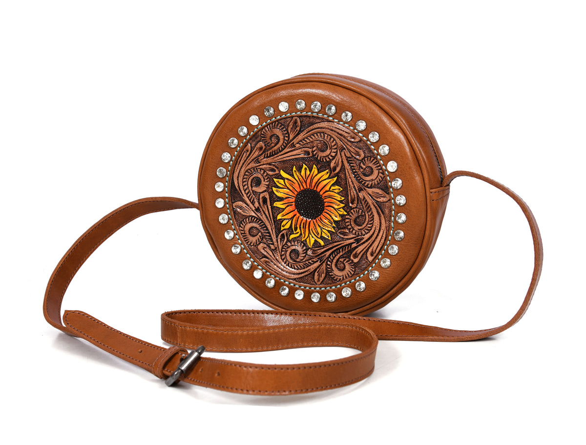 Leather Crossbody Purse with Gypsy stones | Round Leather Crossbody bag