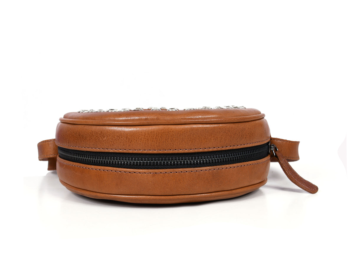 Leather Crossbody Purse with Gypsy stones | Round Leather Crossbody bag