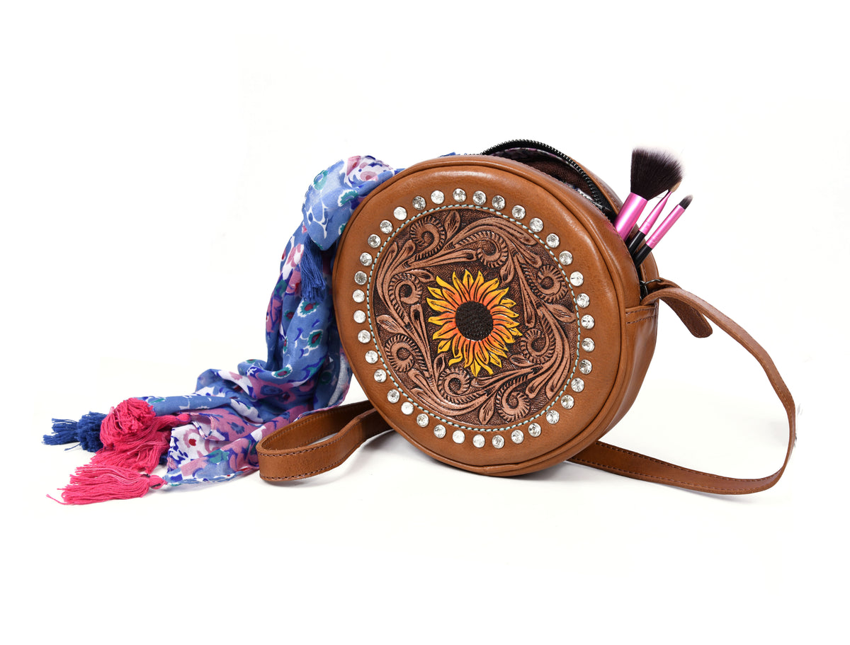 Leather Crossbody Purse with Gypsy stones | Round Leather Crossbody bag