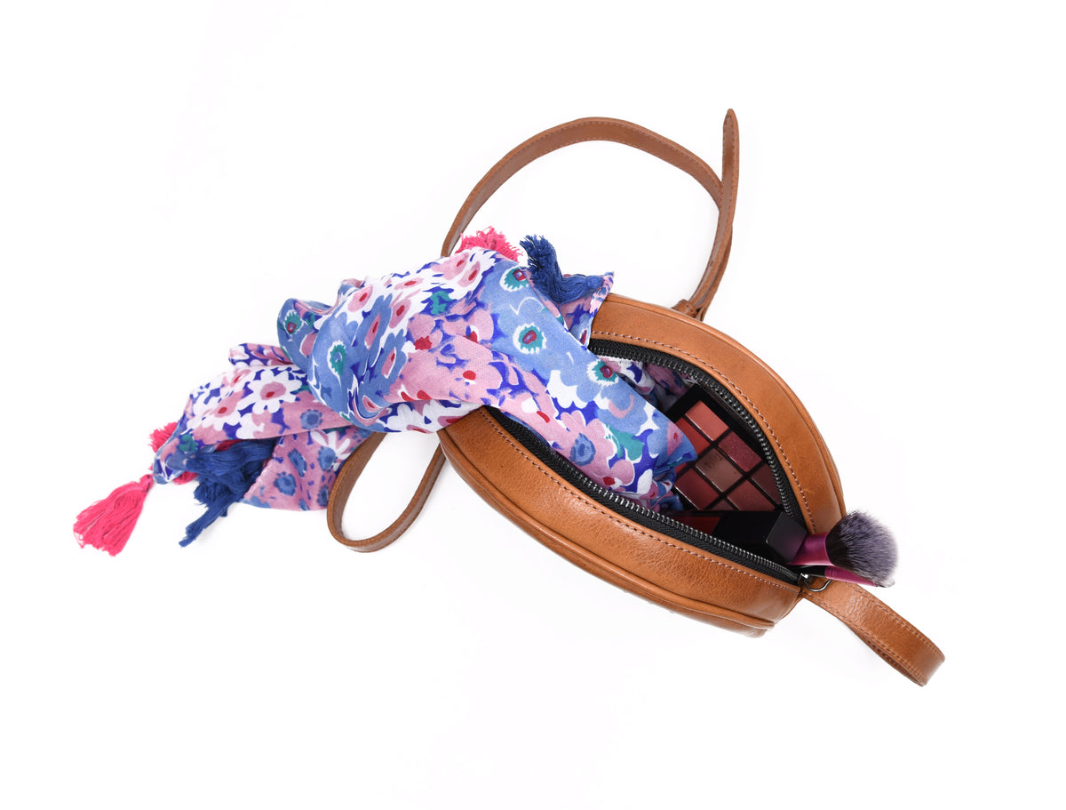 Leather Crossbody Purse with Gypsy stones | Round Leather Crossbody bag