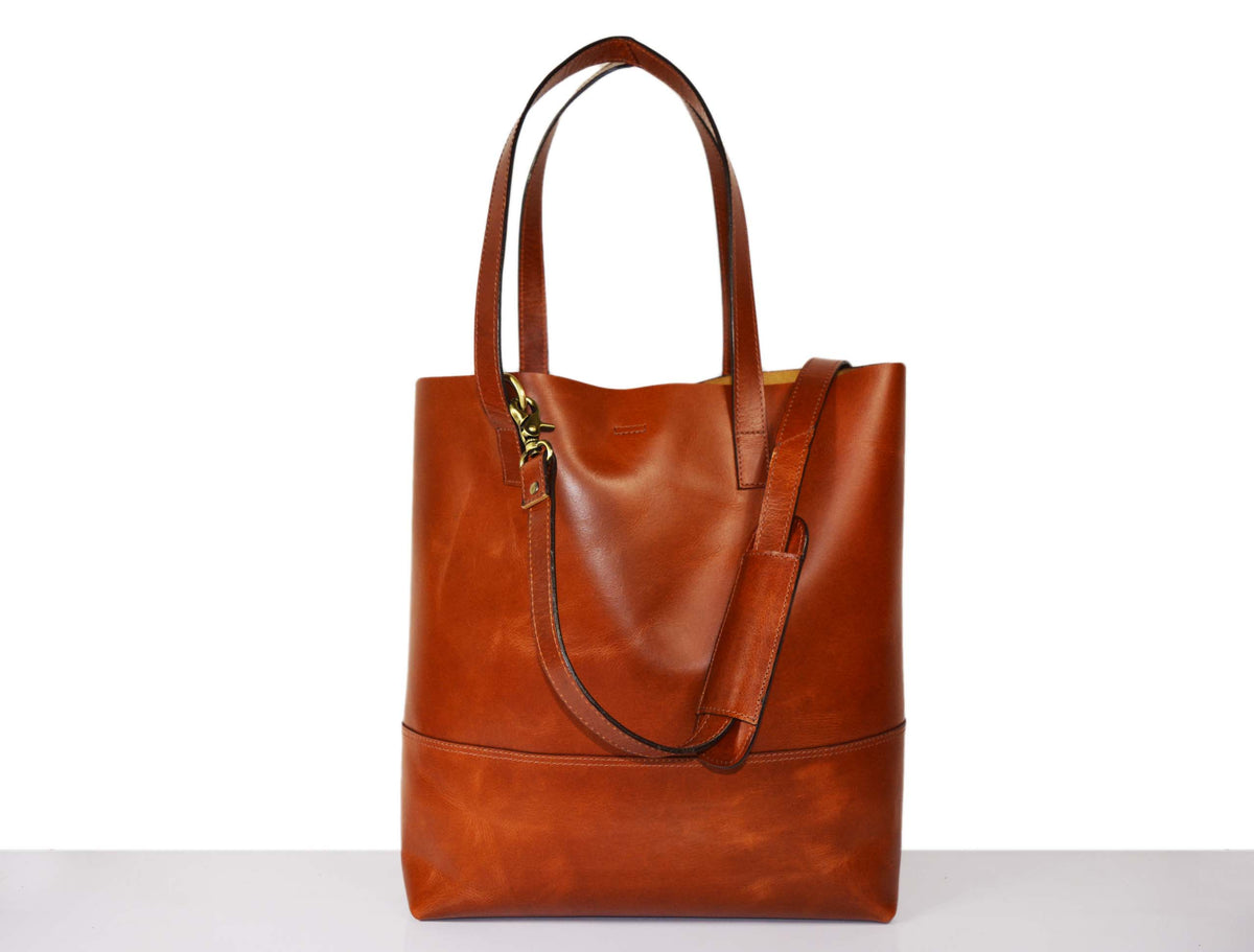 Leather Tall Tote HandBag - Stressed Brown