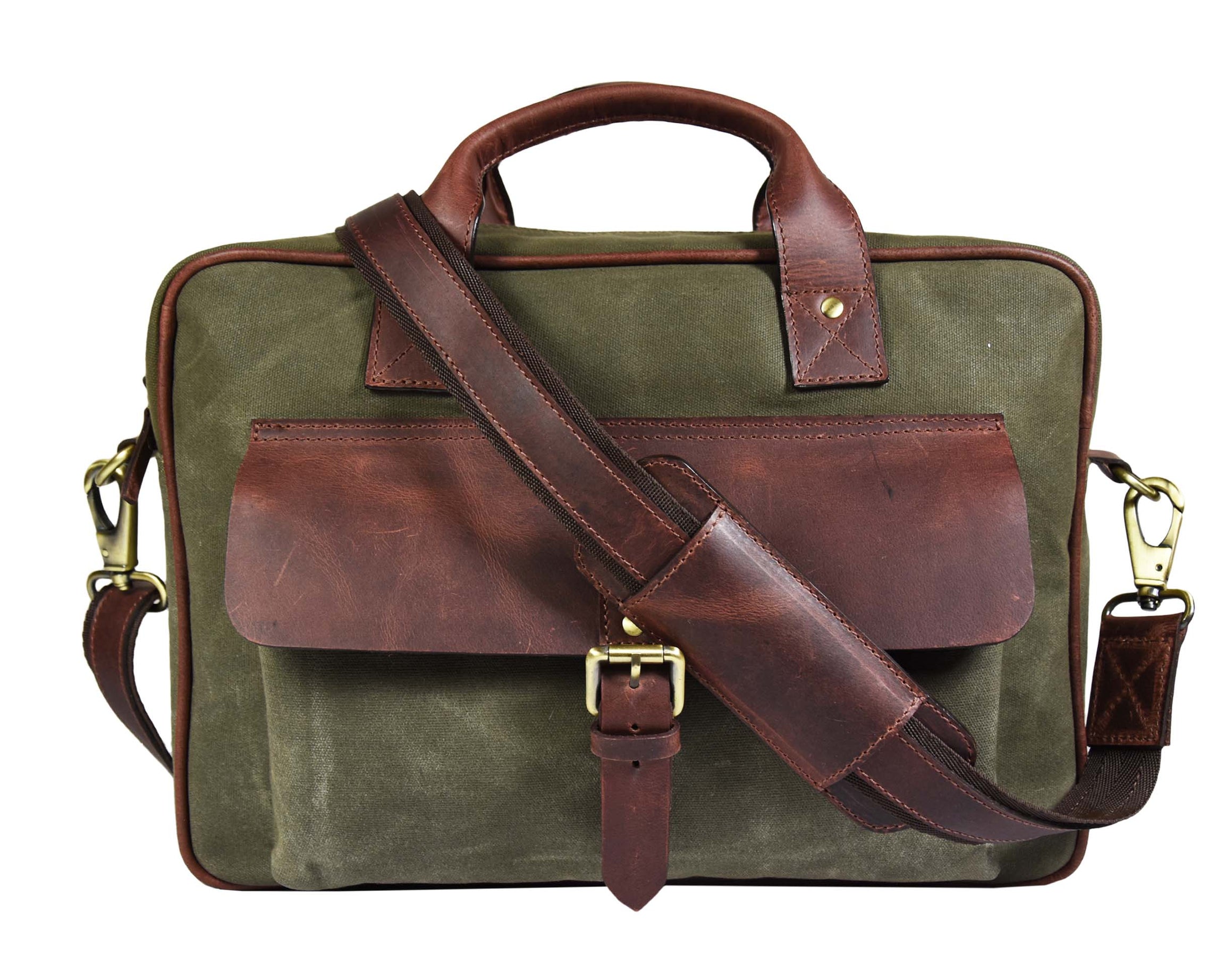 Leather 15" Canvas Briefcase Bag Seaweed Green (PB-154)