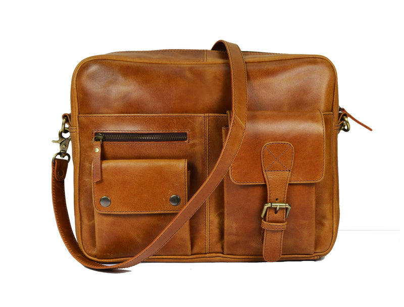 Elgin Leather Portfolio Bag - Caramel Brown