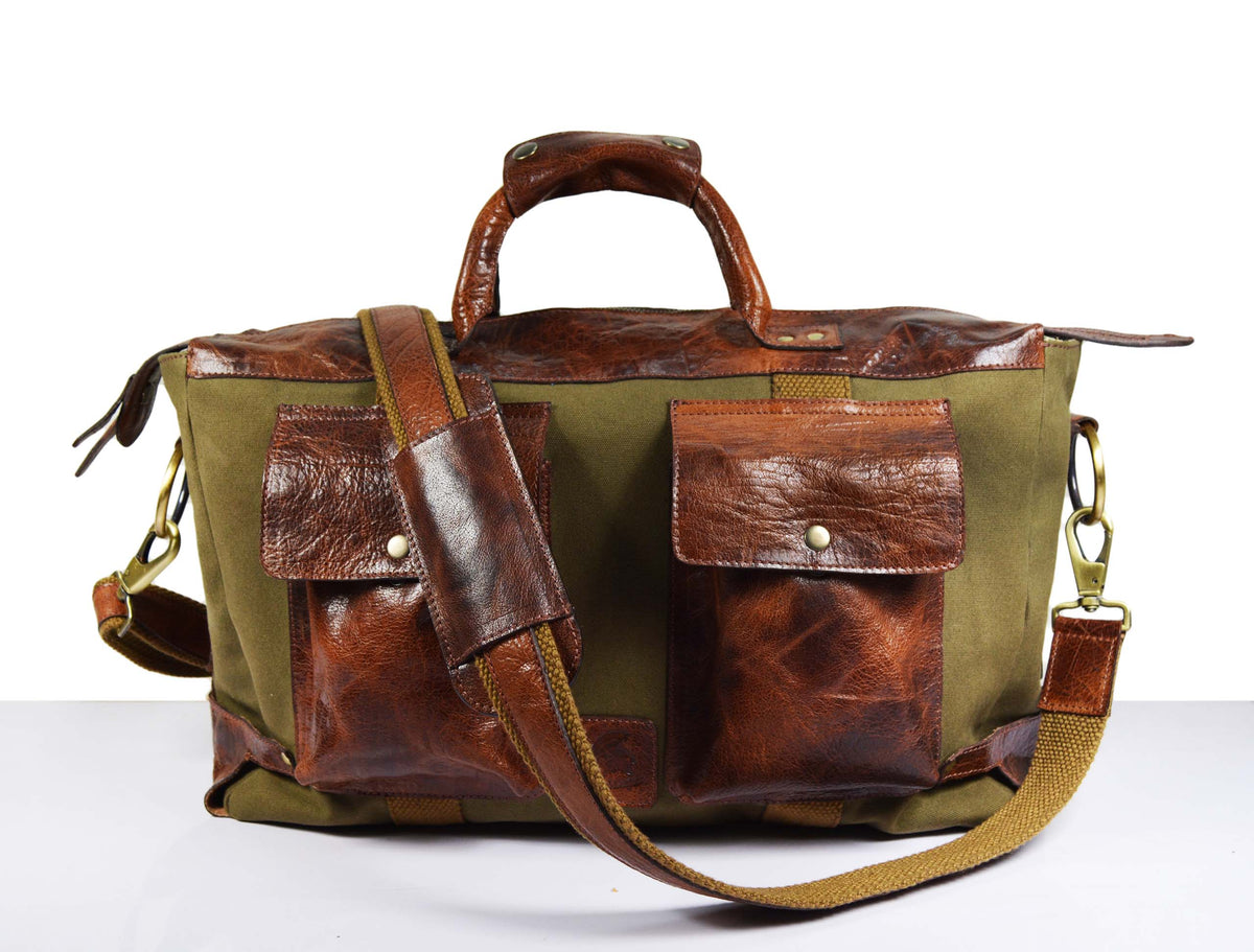 Murrieta Leather Canvas Travel Bag - Olive Green