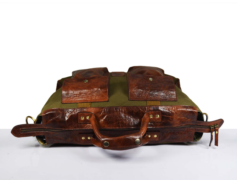 Murrieta Leather Canvas Travel Bag - Olive Green