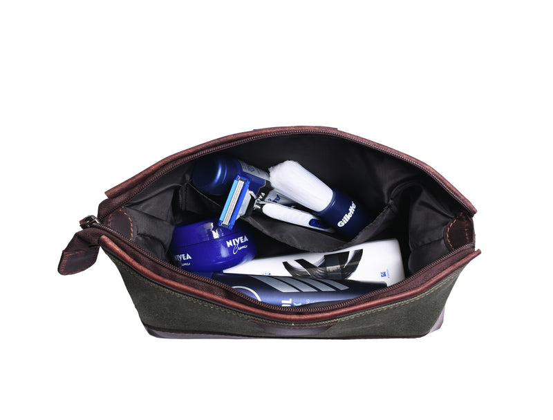 Killeen Leather & WaxCan Toiletry Bag -  Fossil Green